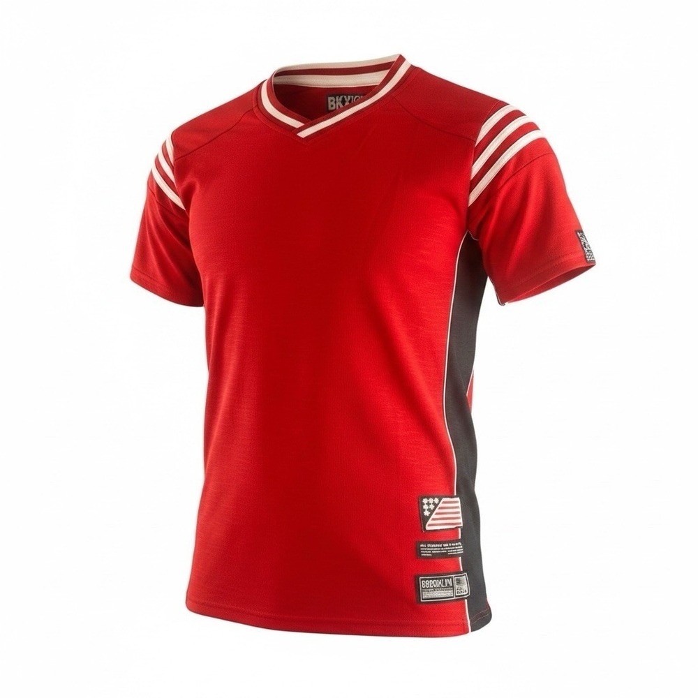 BKYS Jersey Shirt Mens Large Red V Neck Athletic Streetwear Brooklyn Stripe Tee